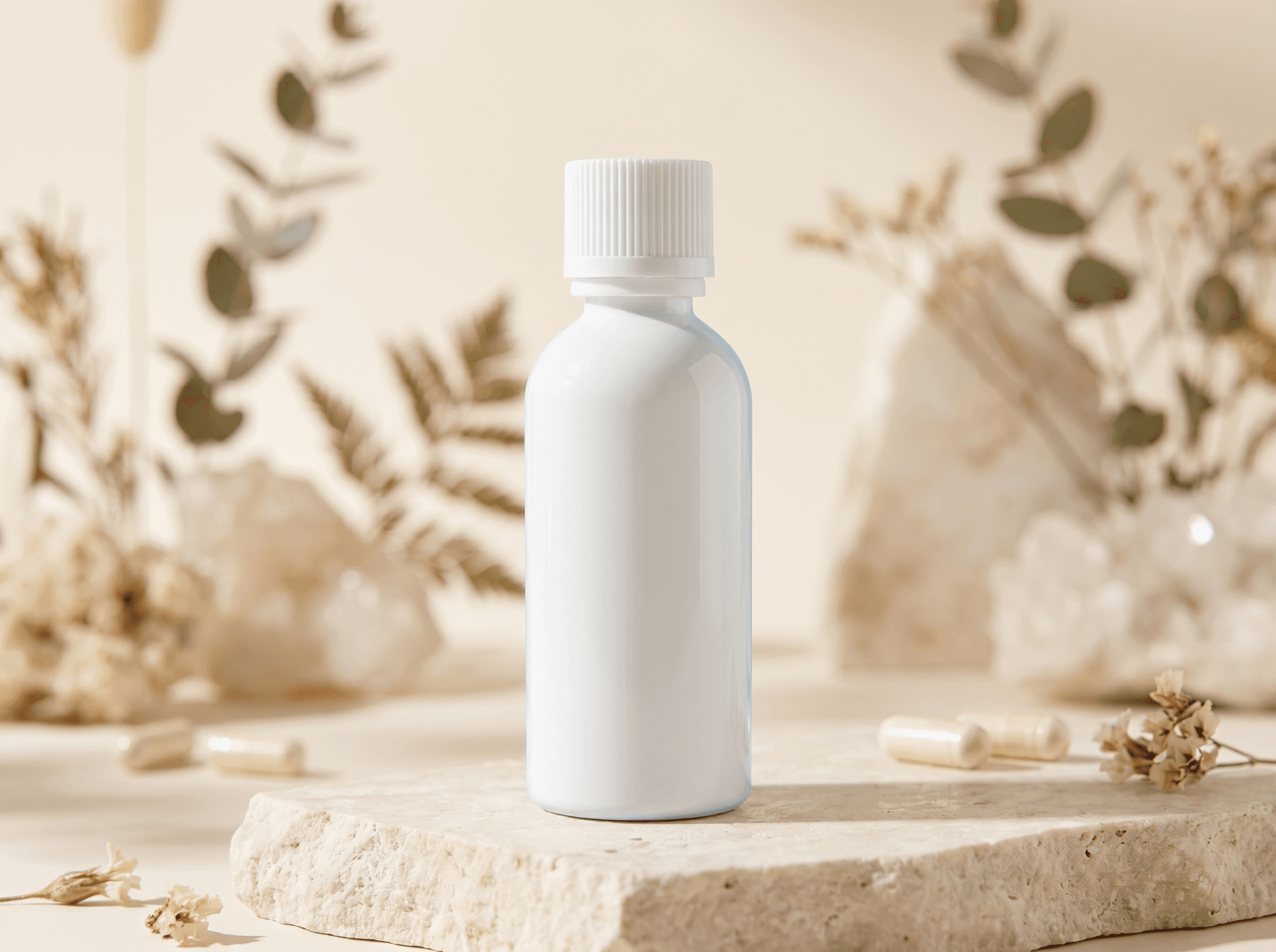 18-415 white plastic bottle 40ml Front three-quarter hero white scenery product image