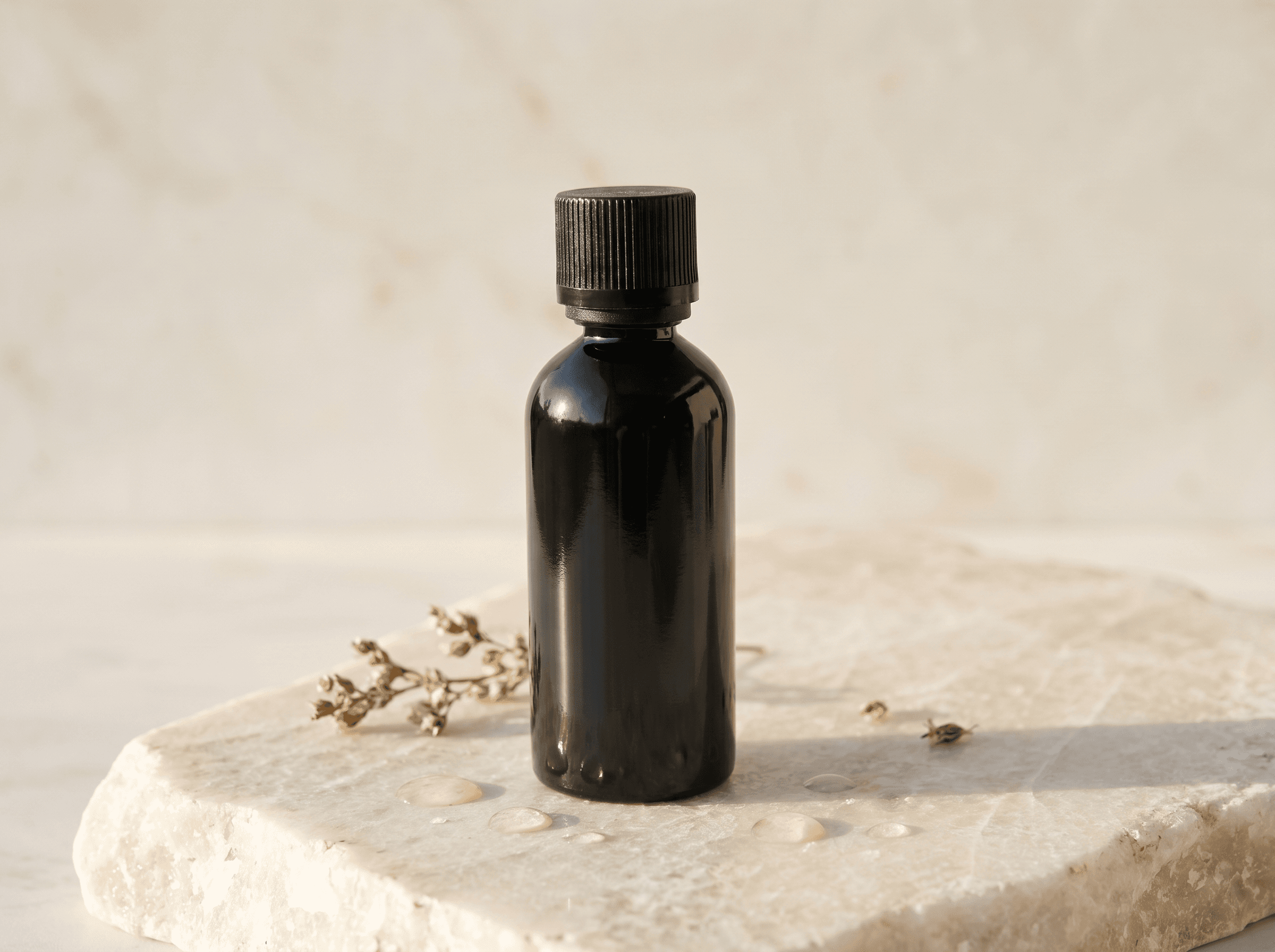 18-415 black plastic bottle 60ml Front three-quarter hero white scenery product image