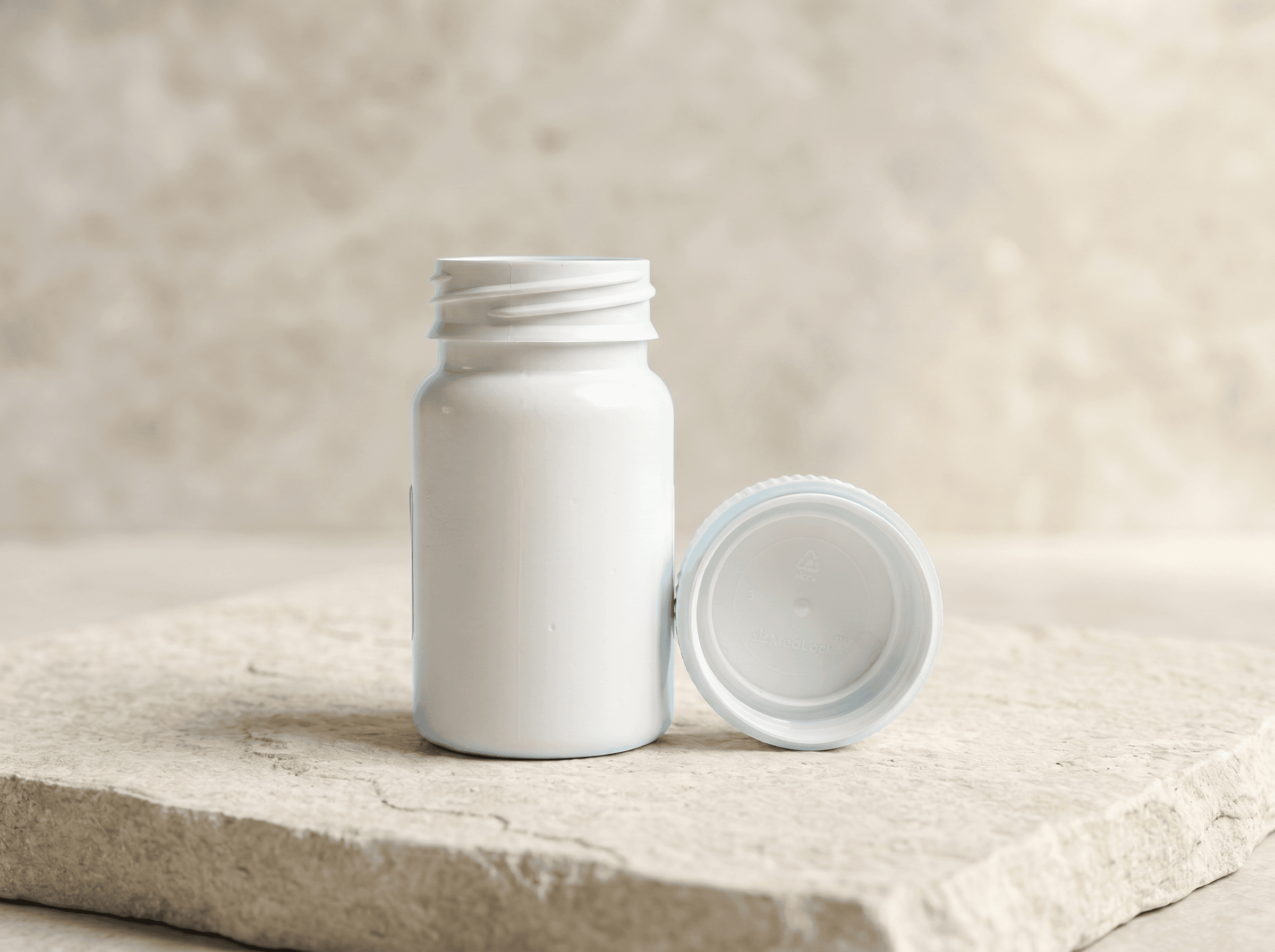 White 75cc Packer Bottle Front three-quarter hero white scenery product image