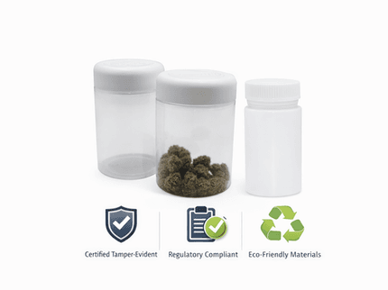 MedLock tamper-evident packaging products including CR/TE jars and bottles displayed on a clean white background.