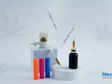 A sleek, custom-designed cannabis packaging container by MedLock, showcasing unique branding and child-resistant features, standing out next to standard stock packaging.