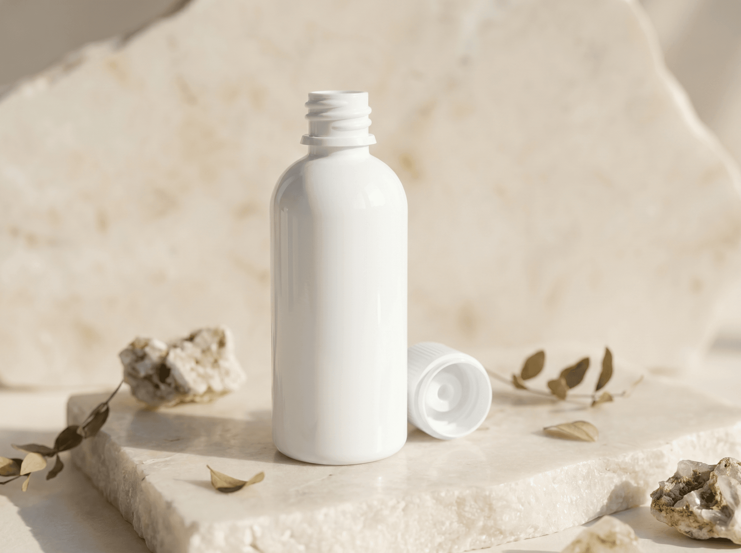 18-415 white plastic bottle 60ml Front three-quarter hero white scenery product image