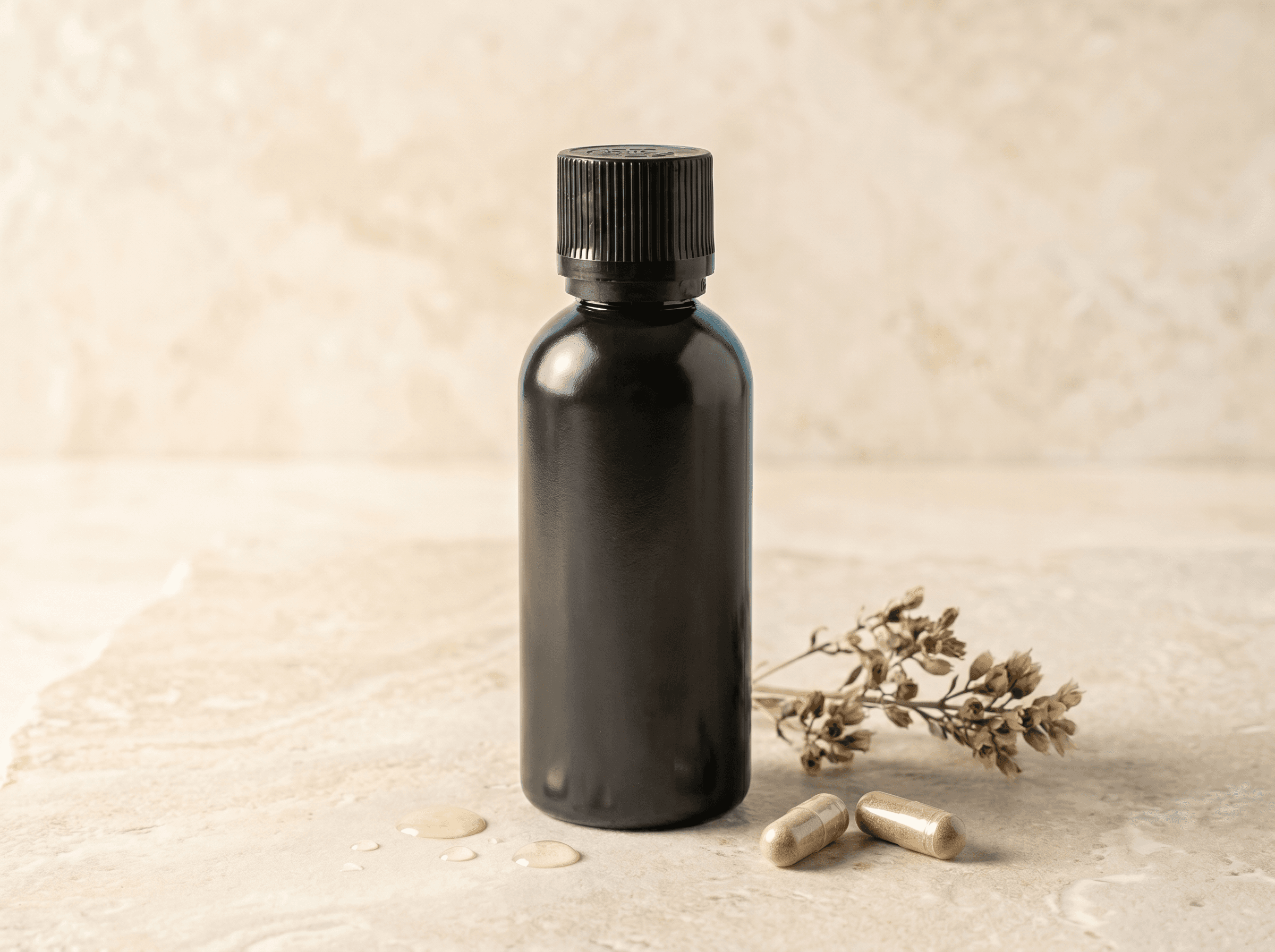 18-415 black plastic bottle 30ml Front three-quarter hero white scenery product image