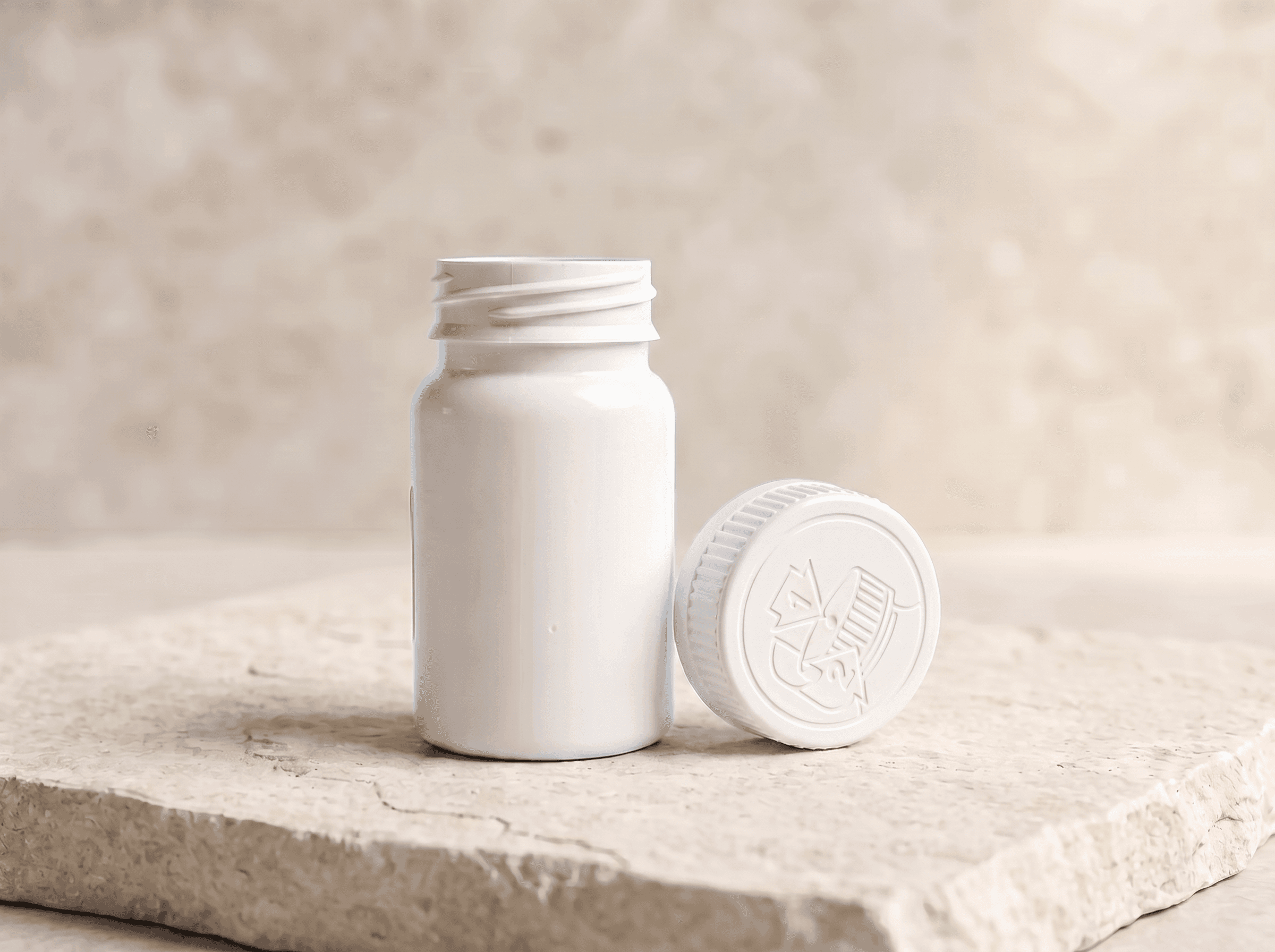 White 75cc Packer Bottle Front three-quarter hero white scenery product image