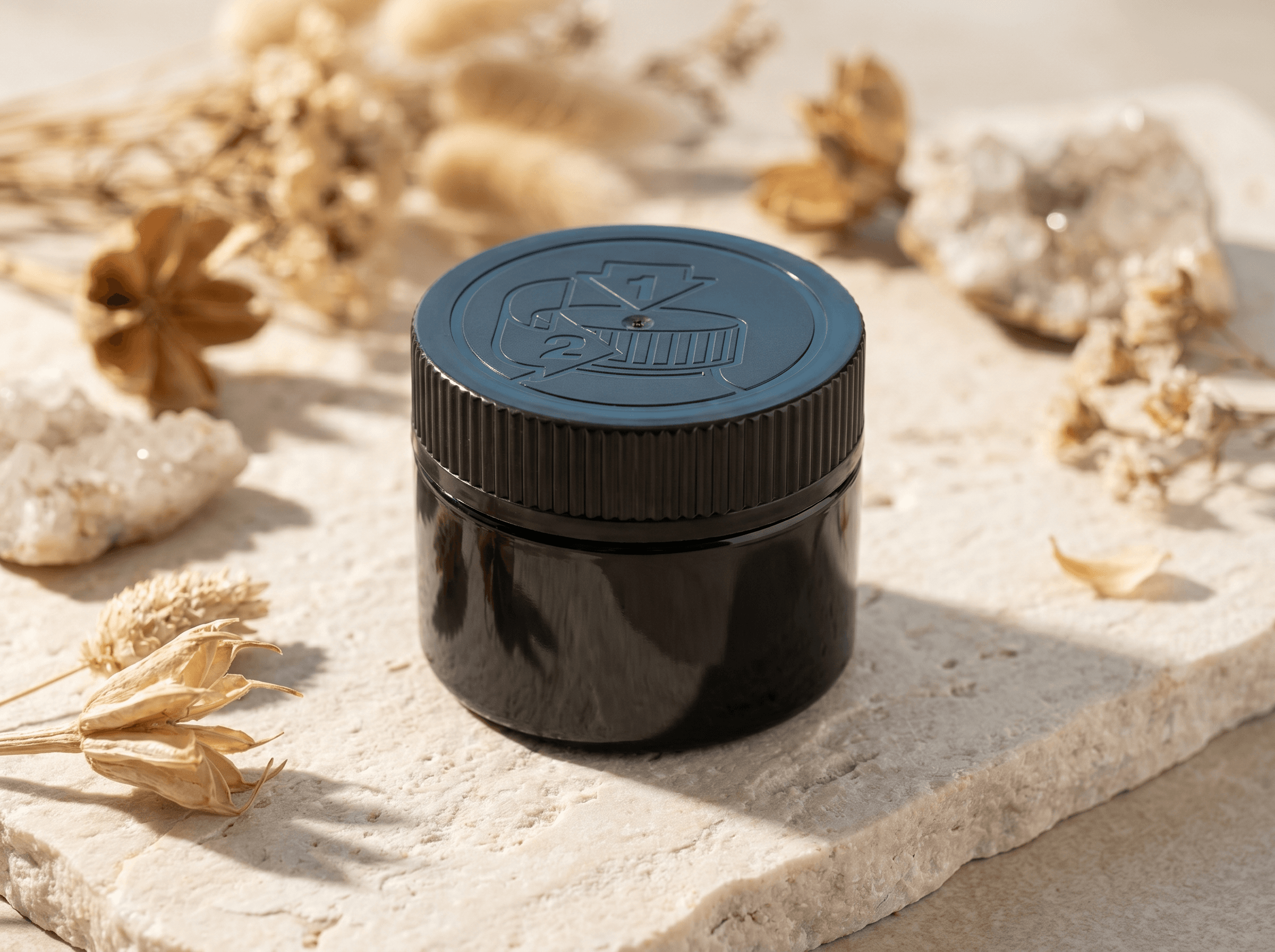 Black 36mm Wide-Neck Jar Front three-quarter hero white scenery product image