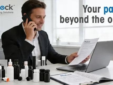 A smiling professional on a phone call at a desk reviewing a MedLock document, with a laptop and various MedLock packaging samples like bottles, jars, and droppers displayed. Text reads: 'MedLock Compliant Packaging Solutions. Your partner beyond the order.