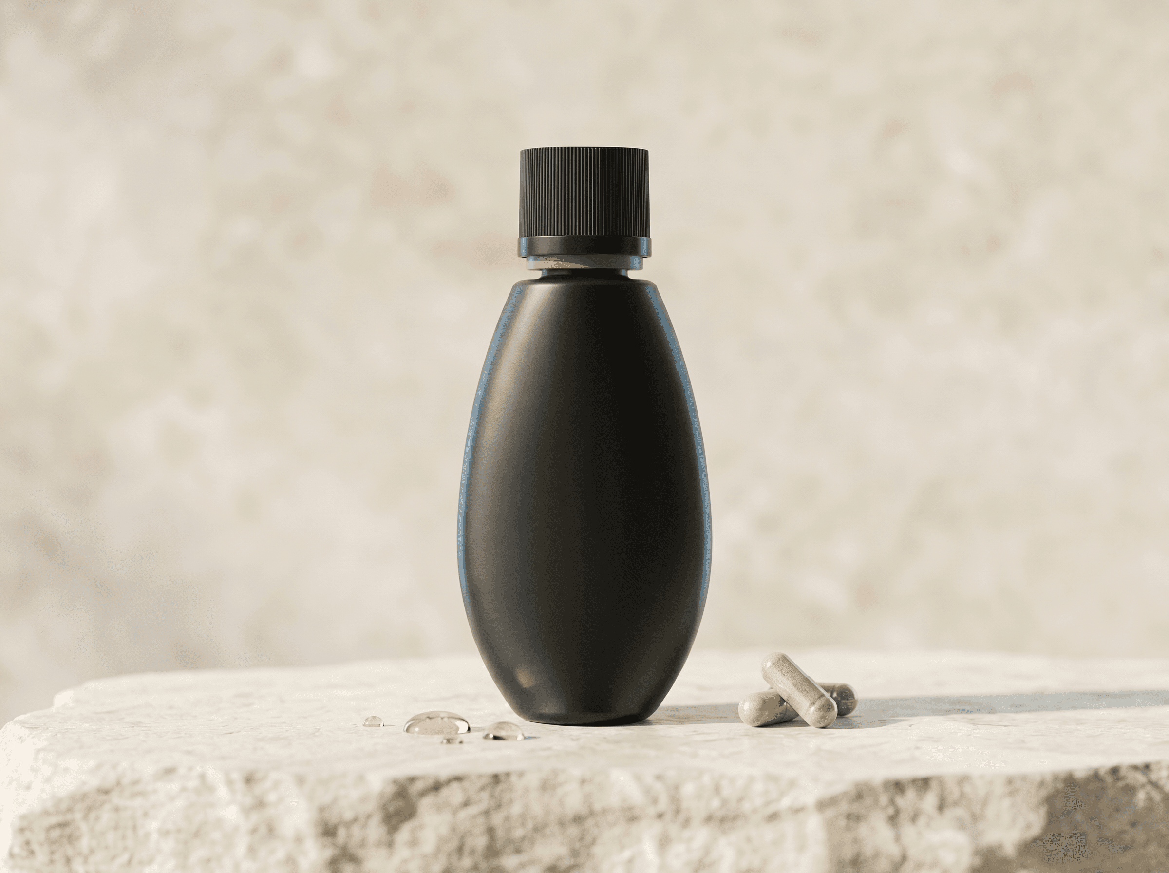 MedLock 18-415 black HDPE oval bottle, 40ml Front three-quarter hero white scenery product image